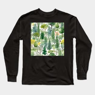 Pastel Oasis: A Serene Seamless Pattern of Trees and Plants in Soft Hues Long Sleeve T-Shirt